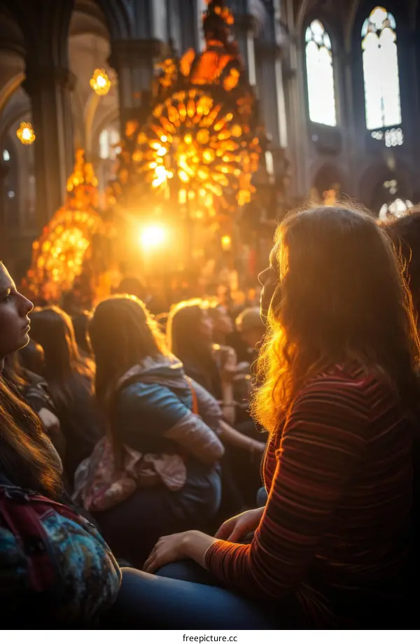 People sitting in a church looking at a stained glass window