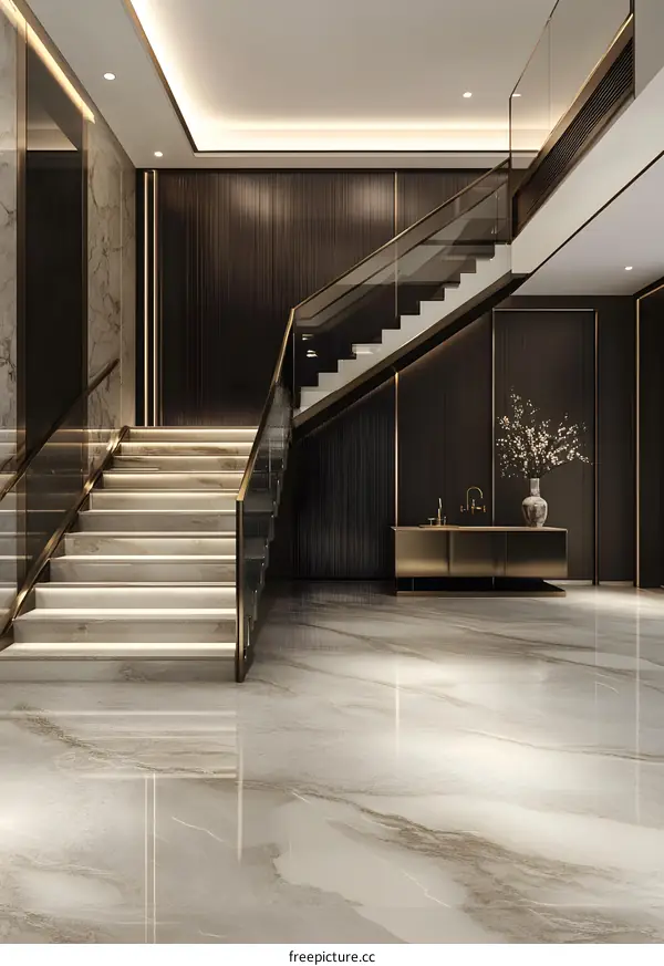 Modern Interior Design with Glass Railing Staircase and Marble Floor