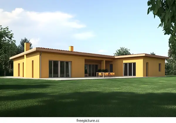 Modern Yellow House with Patio Design