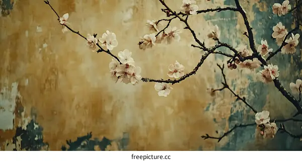 Cherry Blossom Branch Against a Weathered Wall