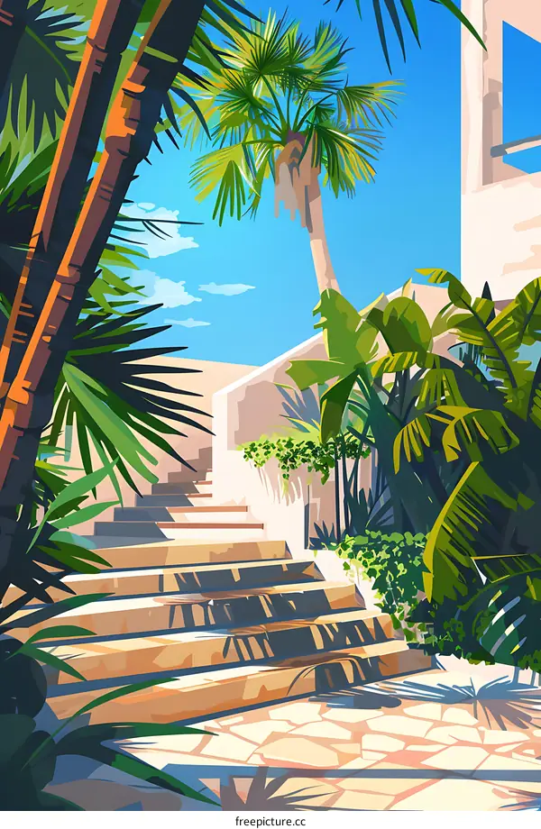 Tropical Garden with Stone Steps and Palm Trees