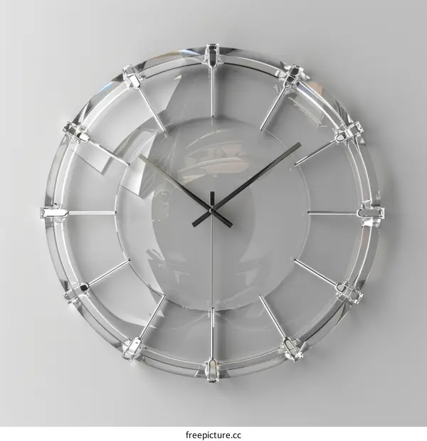 A transparent wall clock made of glass with a chrome frame