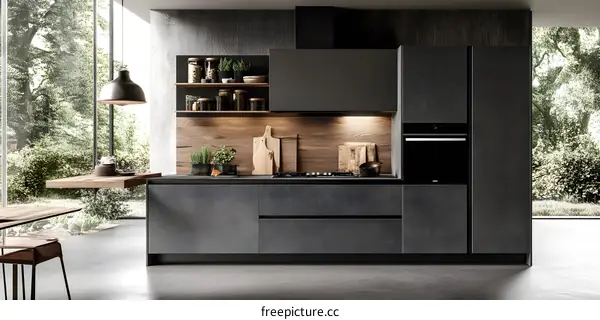 Modern Kitchen Interior Design with Grey Cabinets and Wooden Accents