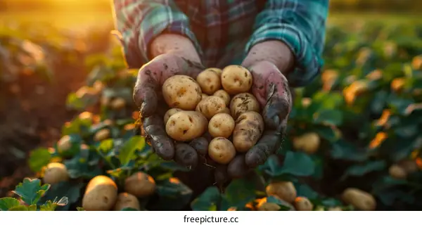 Farmer holding a handful of freshly harvested potatoes in his hands