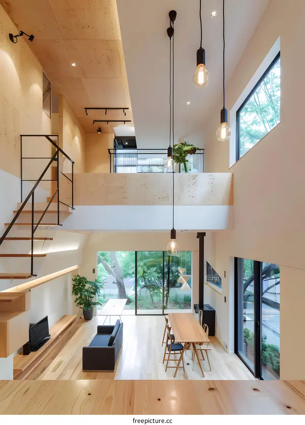 Modern Minimalist Japanese Home Interior Design with Wooden Floor and Large Windows