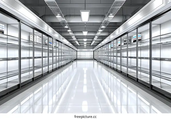 Empty Supermarket Aisle With Refrigerated Shelves