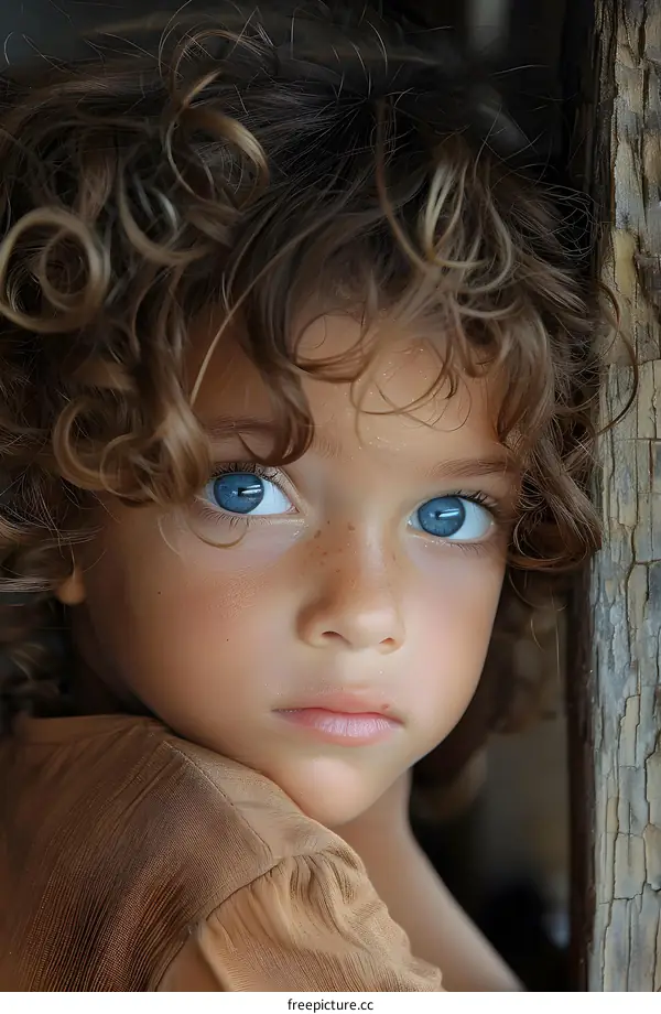 Portrait of a beautiful child with curly hair and blue eyes