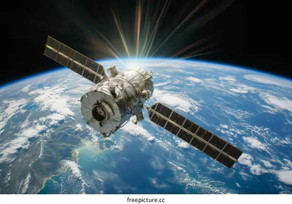 A satellite orbits Earth against the backdrop of space.