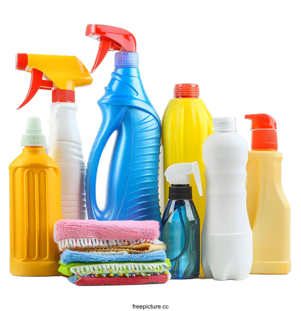 [Transparent Background PNG]Colorful Cleaning Supplies and Microfiber Cloths on White Background