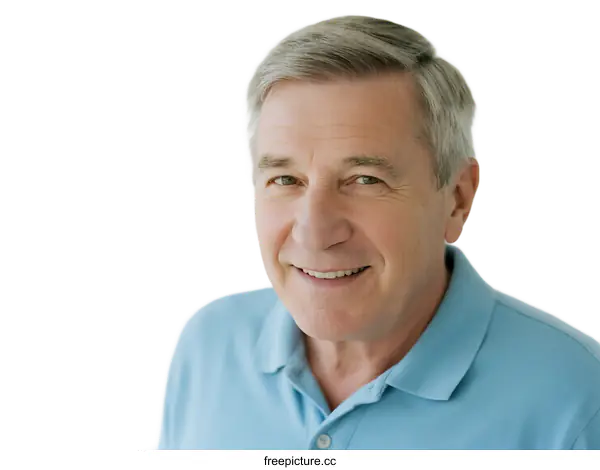 [Transparent Background PNG]Portrait of a smiling senior man in a light blue polo shirt