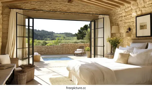 Rustic Farmhouse Bedroom with Pool View