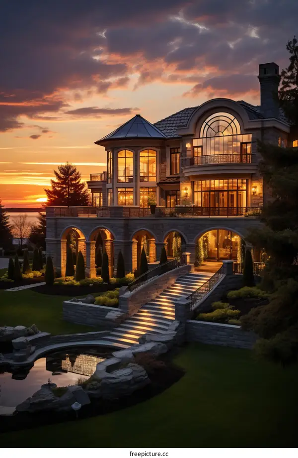 A luxurious lakeside mansion with a beautiful sunset in the background