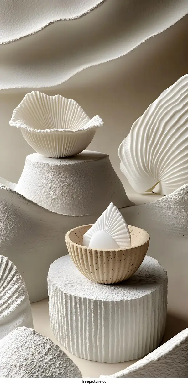 White and Beige Ceramic Bowls on Textured Pedestals