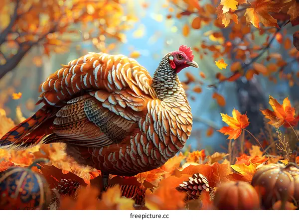 A majestic turkey stands in a field of fallen leaves.