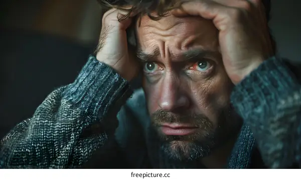 A man holds his head in his hands and looks at the camera with a pained expression.