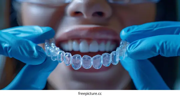 Close-up of woman with clear braces on her teeth