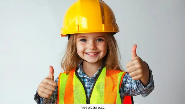 Smiling Child Wearing Construction Helmet and Vest
