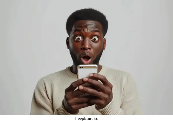 Surprised African American man looking at his phone