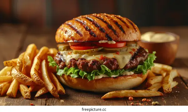 A cheeseburger with fries on a wooden table