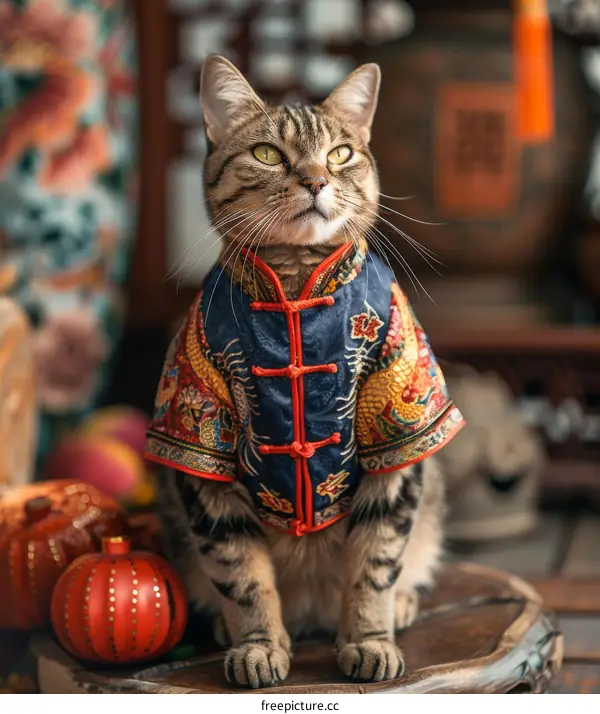 A cat wearing a traditional Chinese outfit