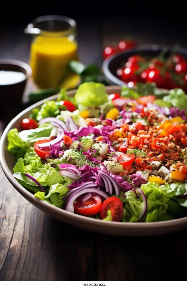 Delicious and Healthy Salad with Red Cabbage, Carrot, Tomato and Lettuce
