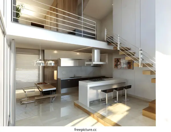 Modern Interior Design Kitchen With Loft and Stairs