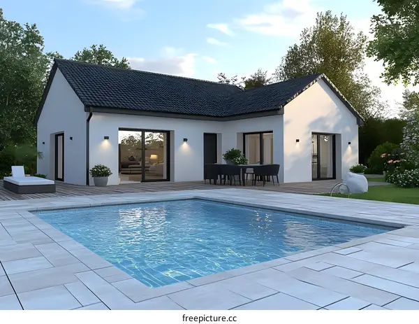 Modern White House With Swimming Pool And Backyard