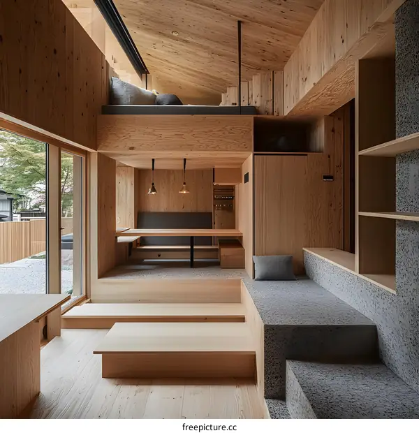 Modern Minimalist Japanese Style Interior Design with Wooden Flooring and a Loft Bed