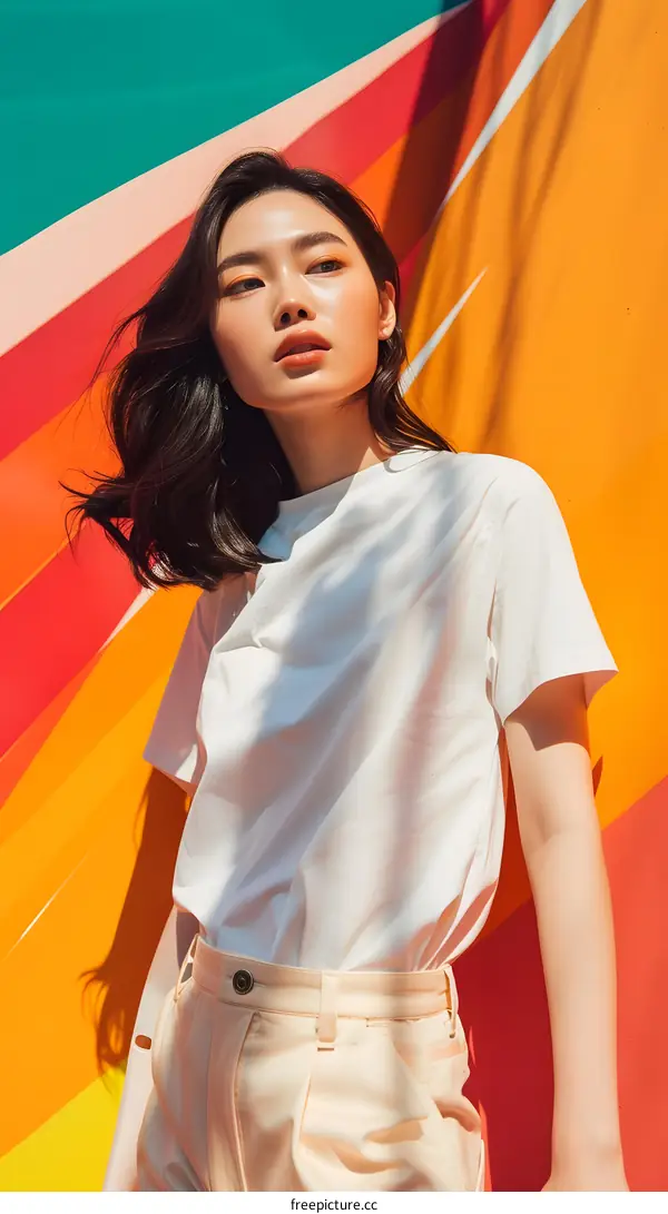 Asian Woman Posing Against Colorful Wall