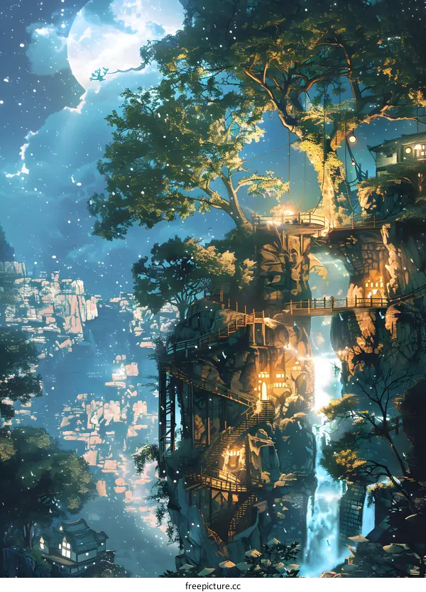 Fantasy Night Landscape with Waterfall and Treehouse