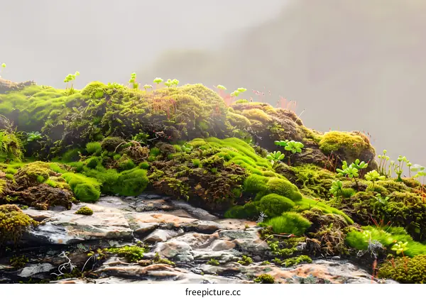 Green Moss Covered Rocks in the Sunlight