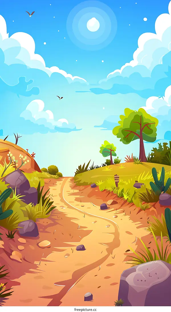 Cartoon Illustration Of A Dirt Road In A Desert With Blue Sky And Clouds