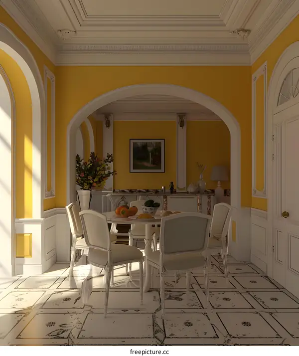 Interior Design of a Yellow and White Kitchen with Arched Doorways