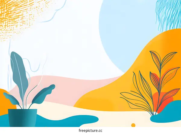 Abstract  Illustration  with  Minimalist  Plants  and  Colorful  Shapes