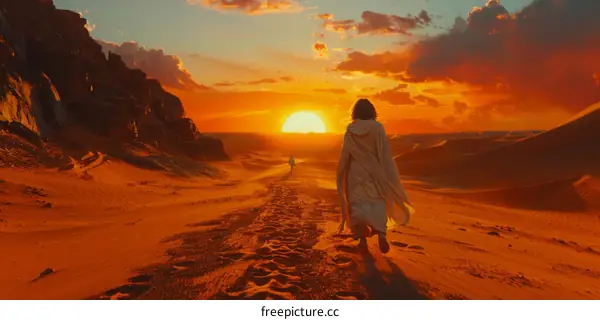 Two men walking through desert toward setting sun