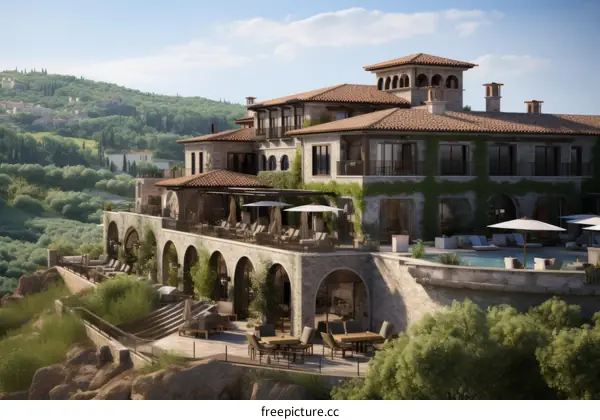 A luxurious villa with a beautiful view of the surrounding hills and a large swimming pool