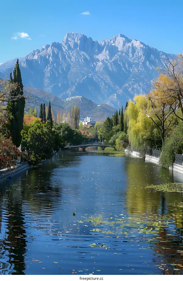 Autumn Colors by the River with Majestic Mountains