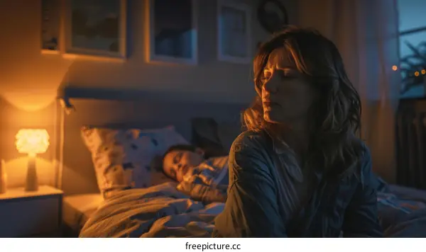 A mother is sitting on the edge of the bed, looking at her sleeping child.