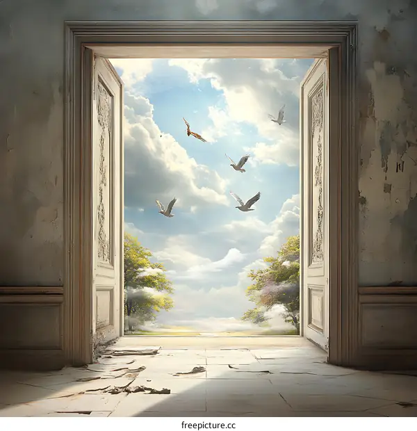 Open Door to New Beginning with Birds Flying Through the Sky