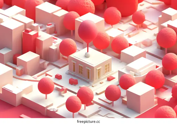 Minimalist 3D Cityscape with Pink Trees