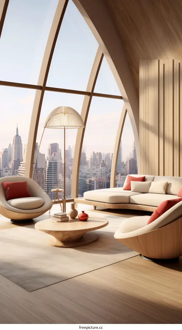 Modern living room interior design with large windows and city view