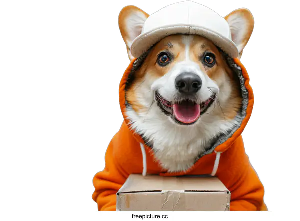 [Transparent Background PNG]A smiling corgi dog wearing an orange hoodie and a white cap is holding a cardboard box in its paws