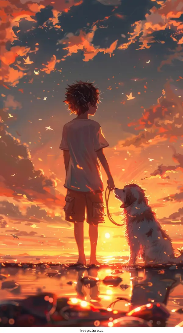 Boy and dog watching sunset clouds