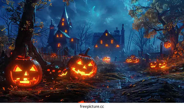 Halloween Jack-O'-Lantern by Lit Tree