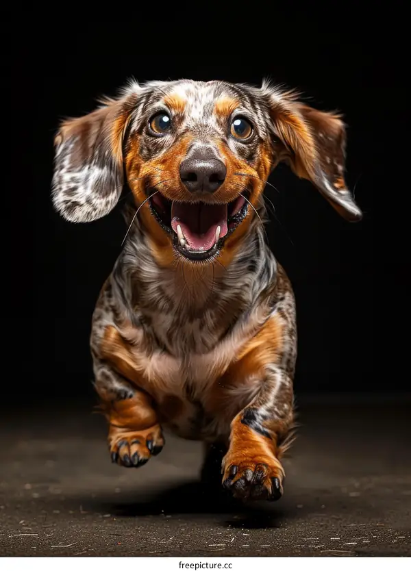 A happy piebald dachshund running towards the camera