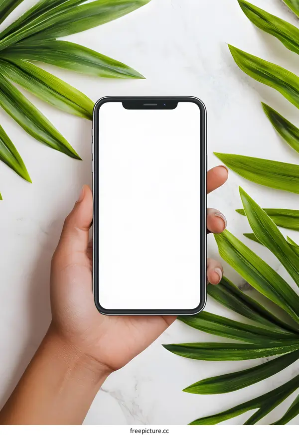 Hand Holding Smartphone with White Screen and Green Leaves on White Marble Background
