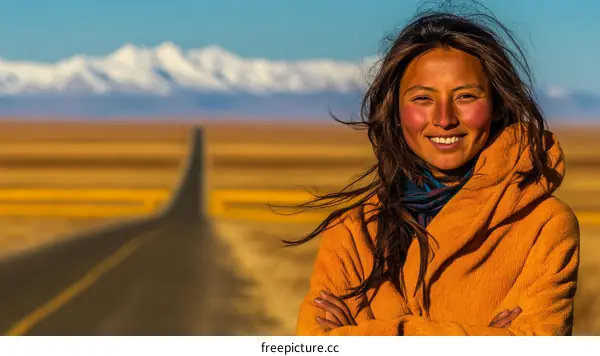 Smiling Woman in a Golden Coat  Against a Mountainous Landscape