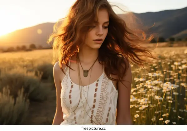 Portrait of a Young Woman in a Field of Flowers