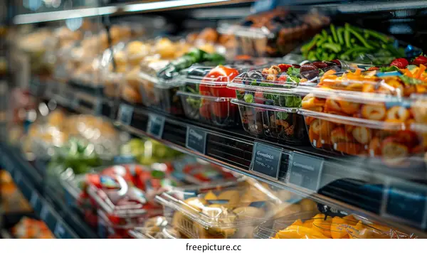 Fresh fruits and vegetables are sold in plastic containers at a grocery store