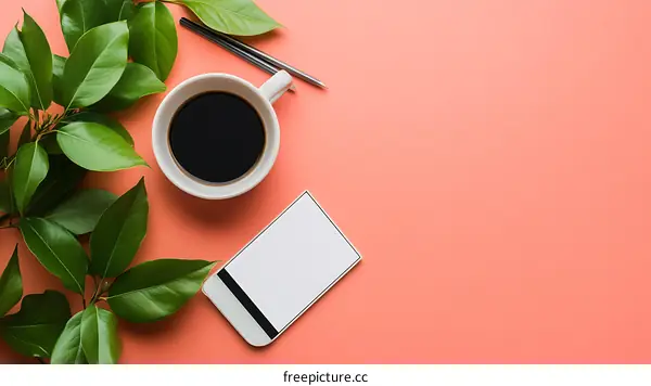 Minimalist Flat Lay with Coffee Cup, Smartphone, and Green Leaves on Coral Background